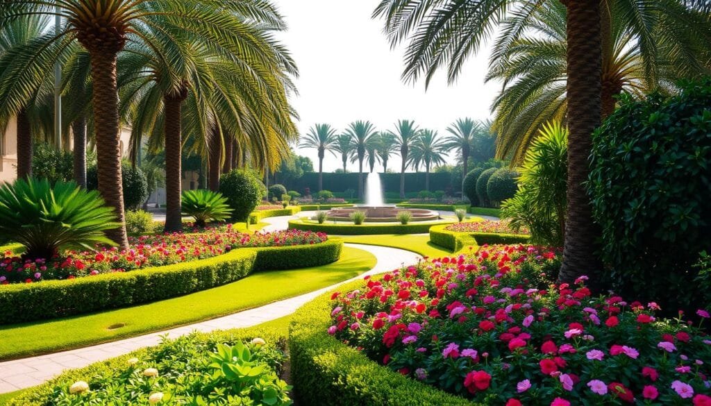 A lush, verdant garden in Riyadh's Ministries District, designed and maintained by Alnaeem Company. The foreground showcases vibrant, well-manicured flowerbeds in a variety of colors, surrounded by neatly trimmed hedges. In the middle ground, a meandering path leads through the garden, flanked by towering palm trees casting soft, dappled shadows. The background features a serene water feature, its gentle flow creating a soothing ambiance. The overall scene exudes a sense of tranquility and harmony, reflecting the expertise of Alnaeem Company in creating breathtaking, sustainable garden landscapes.