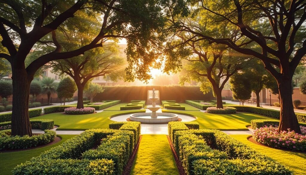 A well-manicured garden in the heart of Riyadh's Ministries District, featuring a serene landscape designed by "Alnaeem Company", a leading specialist in landscape architecture. Lush greenery, symmetrical flower beds, and a central water feature create a harmonious oasis amidst the urban setting. Warm, diffused sunlight filters through the canopy of mature trees, casting gentle shadows across the meticulously maintained pathways. The overall atmosphere conveys a sense of tranquility and sophistication, reflecting the importance of hiring a dedicated, experienced team to curate an exceptional outdoor space.