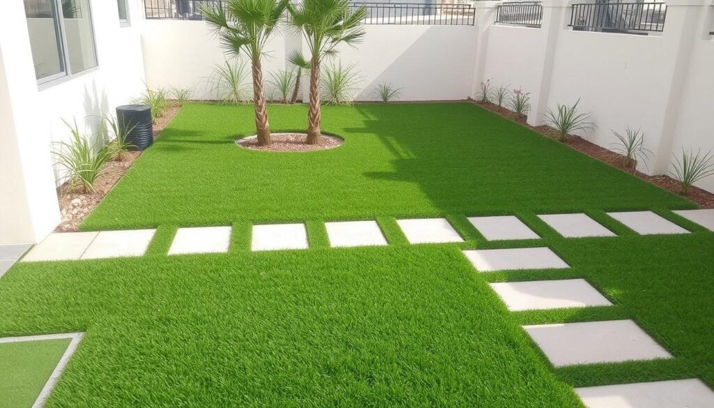 صورة لتركيب العشب الصناعي في حديقة بالرياض