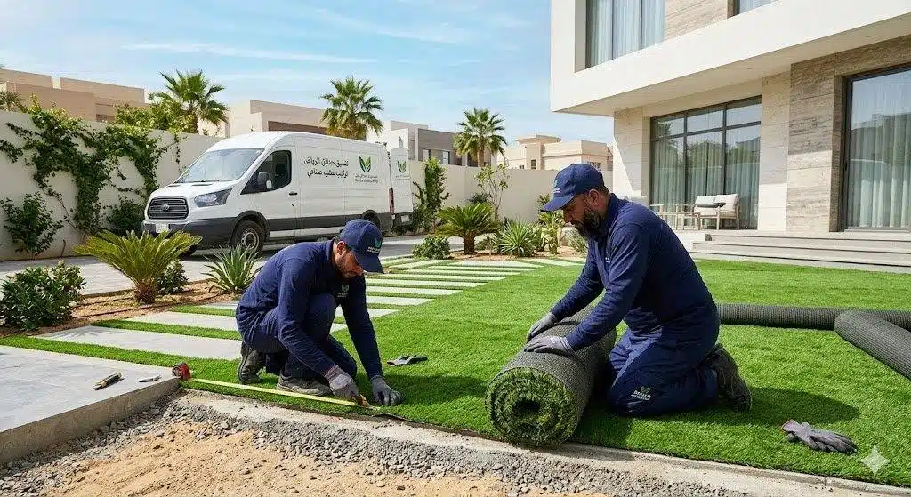 تنسيق حدائق بالرياض — حديقة منزلية حديثة بعشب صناعي